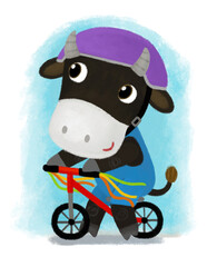 cartoon scene with farm boy cow bull riding on a bicycle illustration for children