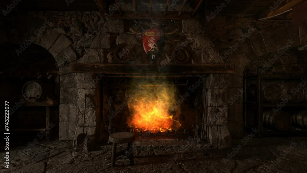 Poster animated 3d render of a fireplace in an old medieval inn with cooking pot on a burning fire.