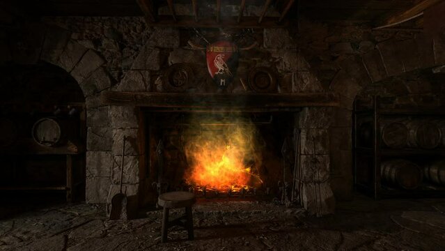 Animated 3D render of a fireplace in an old medieval inn with cooking pot on a burning fire.