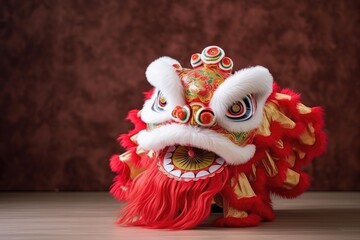 Red Chinese Lion Dance Costume on Wooden Floor. An intricate red Chinese lion dance costume displayed on a wooden floor, awaiting the festive dance for luck.