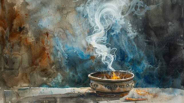 Ash Wednesday. Smoke coming out of a burner. Watercolor painting