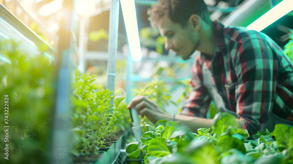 Aufkleber a farmer and an engineer testing soil moisture sensors in a high-tech vertical farming unit, ensurin