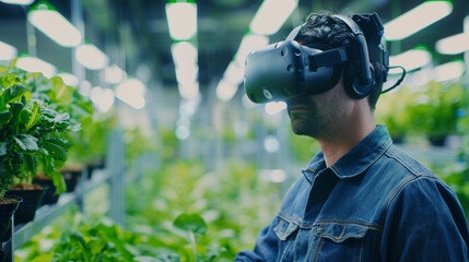 A farmer wearing a VR headset to visualize crop data with an agriculture engineer guiding the process in a vertical farm setting, Vertical Farm, blurred background, with copy space - obrazy, fototapety, plakaty