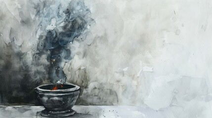 Ash Wednesday. Smoke coming out of a burner. Watercolor painting - obrazy, fototapety, plakaty