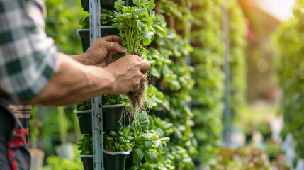 A farmer and an engineer examining the root system of plants in a vertical hydroponic farm, discussing nutrient delivery systems, Vertical Farm, blurred background, with copy space - obrazy, fototapety, plakaty