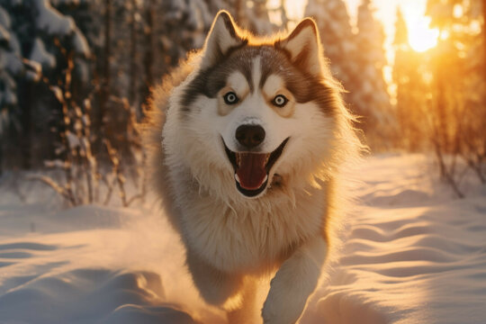 Energetic husky running through snowy forest
