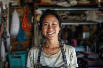 Portrait of a smiling female owner of second hand store - obrazy, fototapety, plakaty