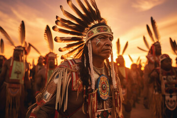 Captivating Native American powwow with traditional regalia and rhythmic drum beats. - obrazy, fototapety, plakaty