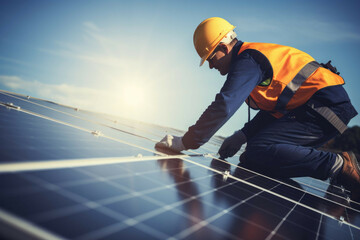 Person installing solar panels on a rooftop under the bright sun.