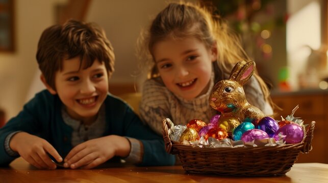 Happy children with chocolate Easter eggs and bunny, smiling siblings looking greedily at treats, a rattan basket full of chocolates wrapped in colorful aluminium foil on a wooden kitchen table