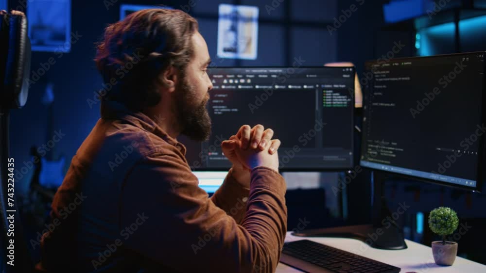 Poster software technician feeling relieved after removing all code bugs, having burst of emotion. smiling 