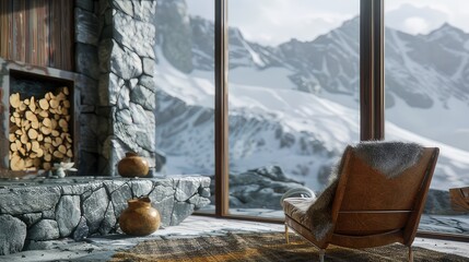 Penthouse interior and surrounding mountain landscape. Close-up shots to highlight elements such as wood grain, stone surfaces, luxurious fabrics and architectural features