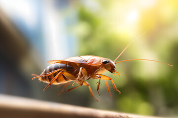 photo of a runniing cockroach with mootion blurred backgground, cockroach in the  wild, insect