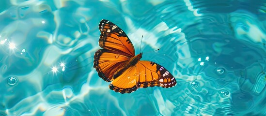 Fototapeta na wymiar A butterfly is floating in an outdoor pool, viewed from above. The vibrant insect is gracefully moving across the waters surface, showcasing its delicate wings.