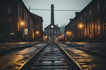 Fototapeta premium An urban scene featuring railroad tracks in the foreground, leading to a distant brick building. Perfect for travel or urban exploration blogs. Moody and grungy vibe.