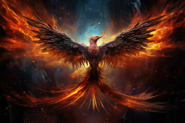 Majestic phoenix rising from ashes in fiery explosion.