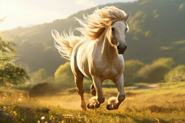 Mythical centaur galloping through sunlit meadow.