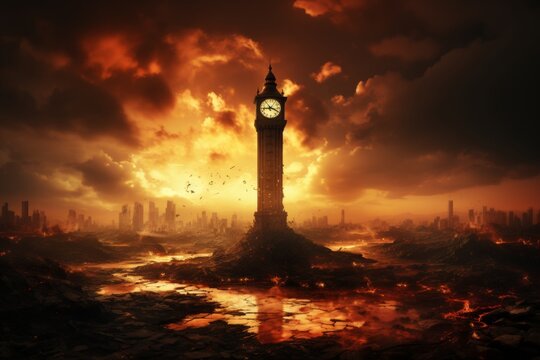 Post-apocalyptic cityscape with a distant Big Ben, red sky, smoke, destroyed buildings, abandoned, cracked ground, debris. Wasteland environment.
