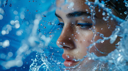 The image captures a close-up of a person surrounded by splashing water against a blue background.