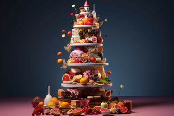 A gastronomic sculpture in the form of a towering stack of intricately arranged ingredients.