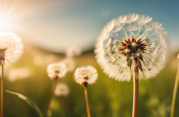 Dandelion fluff background for aesthetic minimalism style background. Neutral and pastel color wallpaper with elegant and light flying fluffs. Fragile, lightweight and beautiful nature backdrop