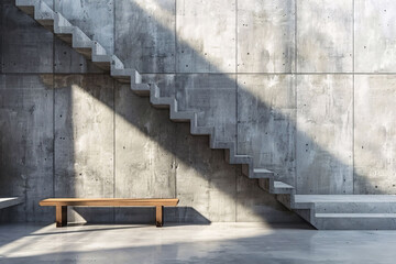 Concrete Staircase with Bench in Sunlight: A Study in Urban Minimalism