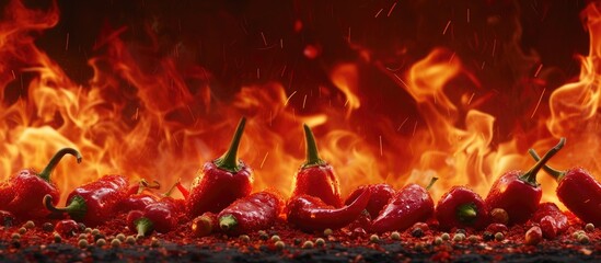 A collection of fiery red chili peppers engulfed in flames, creating a sizzling spectacle of heat and intensity. The background showcases a backdrop of flames further enhancing the intense heat of the