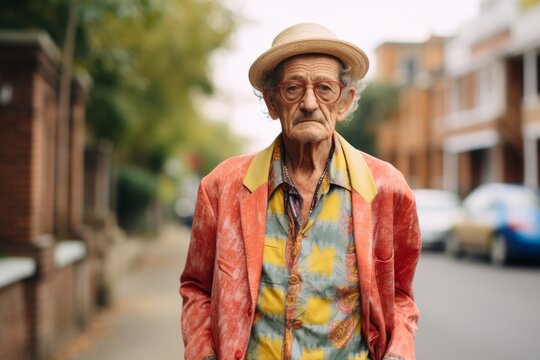 Portrait of an elderly man in a hat on the street.