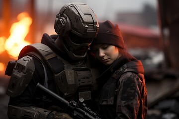 In a scene of destruction, a soldier in advanced armor embraces a woman in military attire amidst flames, embodying love and hope in the midst of the chaotic war environment.