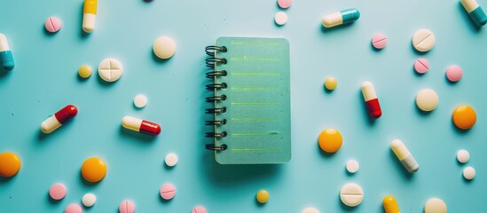 A green notebook is surrounded by multicolored pills on a blue surface. The pills are scattered haphazardly around the notebook, creating a chaotic yet organized arrangement.