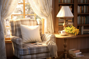 Peaceful cottage reading nook with lace curtains and vintage lamp