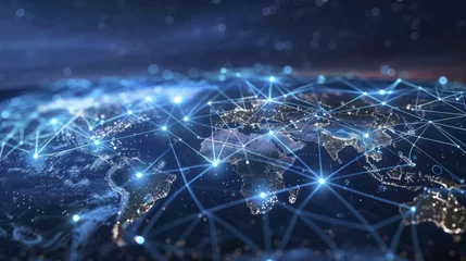Photo sur Plexiglas Carte du monde Global digital networking for businesses, showcasing a world map and connecting lines, with the scene set against a deep blue background.