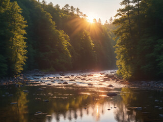 Fototapeta premium Nature's masterpiece: the majestic river flowing through the lush green forest, capturing the serenity of the sunset and the timeless beauty of the outdoors