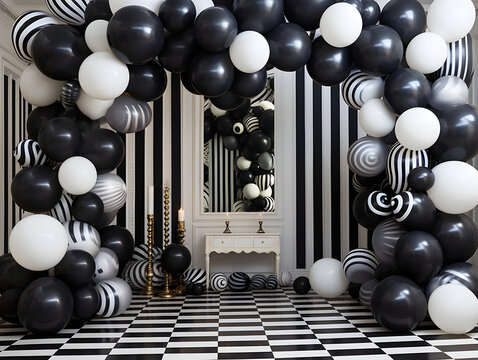 Amidst the vibrant chaos of a birthday party, a solitary black and white balloon floats effortlessly in a sea of colorful spheres, its stark contrast symbolizing the duality of life within the confin