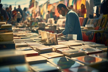 Person browsing through a collection of vintage vinyl records at a flea market. - obrazy, fototapety, plakaty