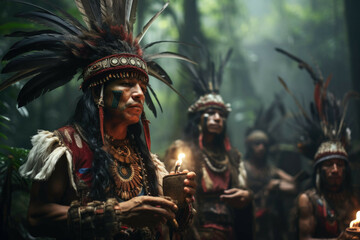 Ancient Mayan priests performing a sacred ritual in a lush rainforest.