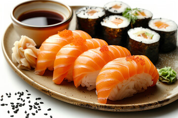 photo de sushis et de makis, California Rolls, pour menu, restaurant, saumon, thon rouge, crevette, sauce soja, baguettes. 