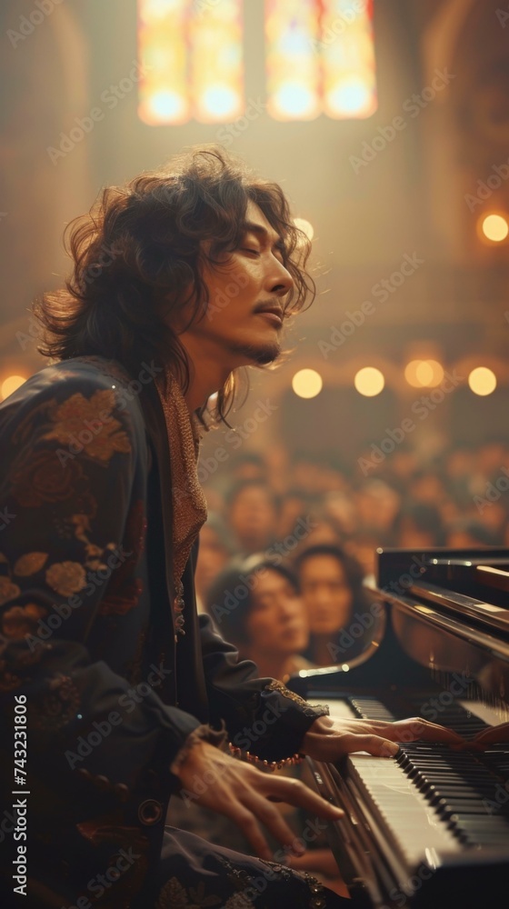 Poster a man playing a piano in front of a crowd. generative ai.