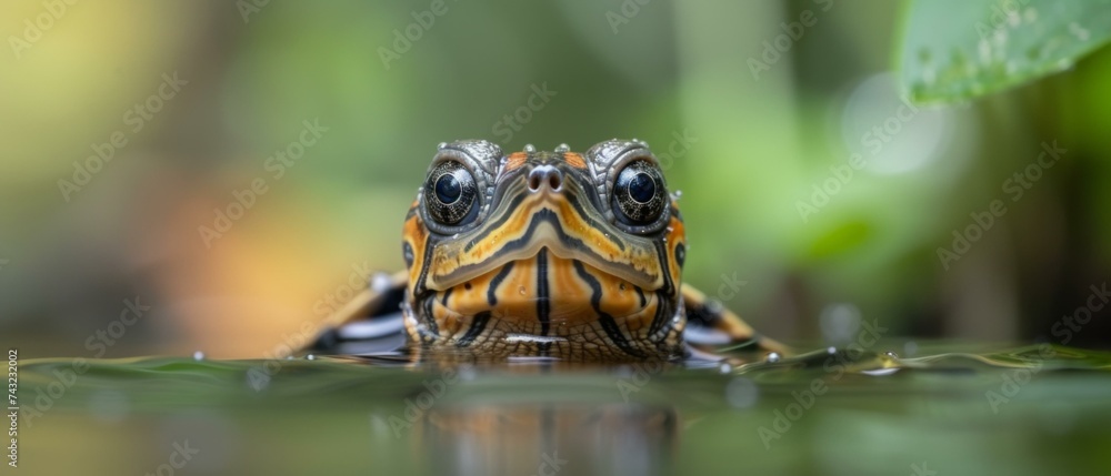 Poster a turtle is looking at the camera in the water. generative ai.