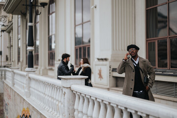 Confident male entrepreneur talking on smart phone by a classic balustrade. Urban business...