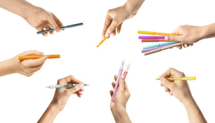 Set of hands holding pens and markers on white background