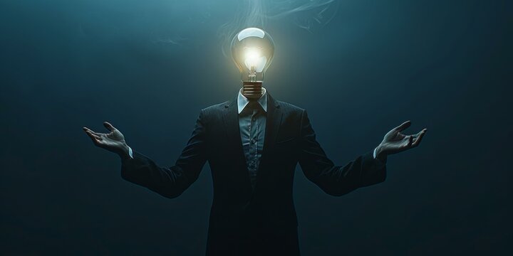 A man in a suit with a light bulb on his head. Generative AI.