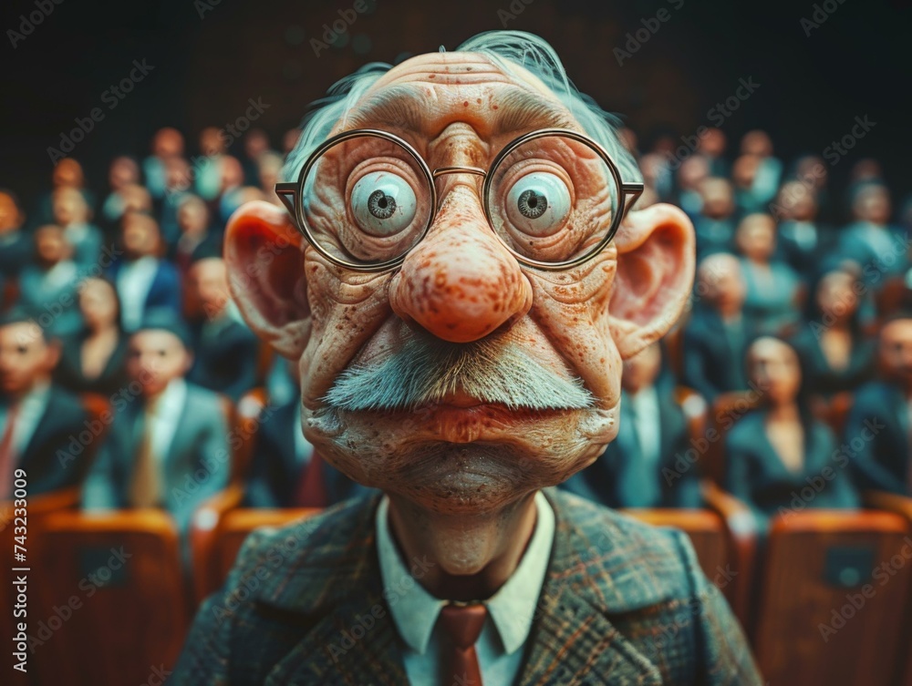 Poster an old man with glasses and a mustache in front of a crowd. generative ai.