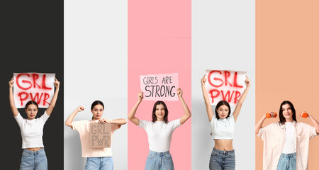 Set of young feminists on color background. Concept of Girl Power
