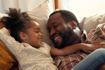 black african american father and child, dad and daughter bonding. Father an daughter cuddling. Father's Day concept - obrazy, fototapety, plakaty