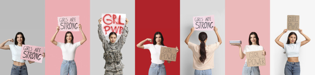 Set of young feminists on color background. Concept of Girl Power