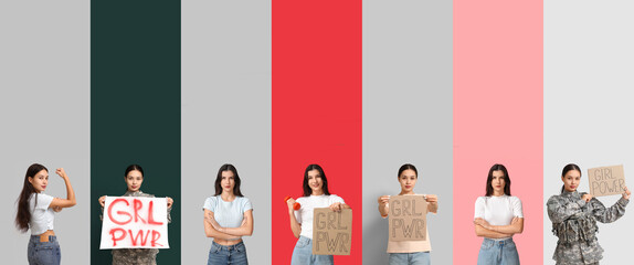 Collage of young feminists on color background. Concept of Girl Power