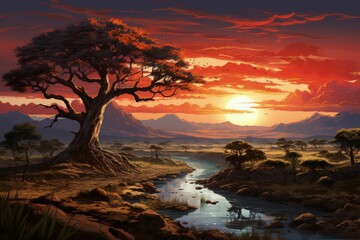 An expansive savanna with a stunning sunset