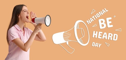 Banner for National Be Heard Day with screaming woman and megaphone