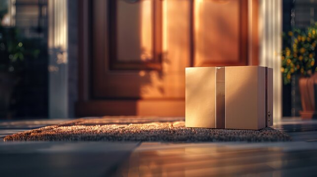 Online purchase delivery service concept. Cardboard parcel box delivered outside the door. Parcel on the door mat near entrance door. 3d rendering
